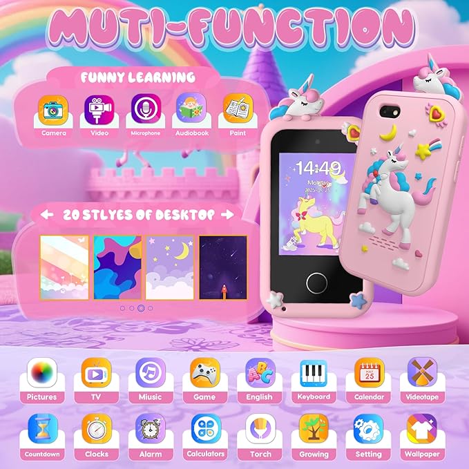 Kids Smart Phone Toys for Girls,Christmas Birthday Gifts for Girls Age 3-10 Kids Cell Phone Toys with 2.8" Touchscreen 20 Learning Games Dual Camera Music Player, 8G SD Card