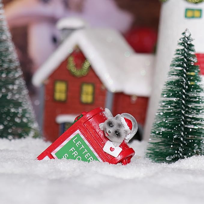 Christmas Village Accessories Ornaments Resin Christmas Village Sets Decoration for Xmas Festival Holiday (Raccoon Letters from Santa)