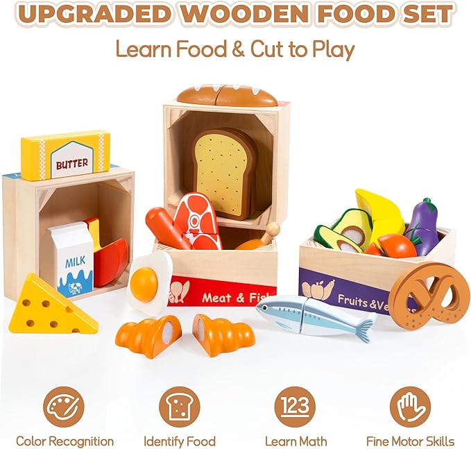 WOODMAM Wooden Play Food Set for Toddlers - Montessori Pretend Play Kitchen Toys with Color Sorting Food Groups & Cutting Fruits Vegetables for Boys & Girls Ages 3 4 5 6