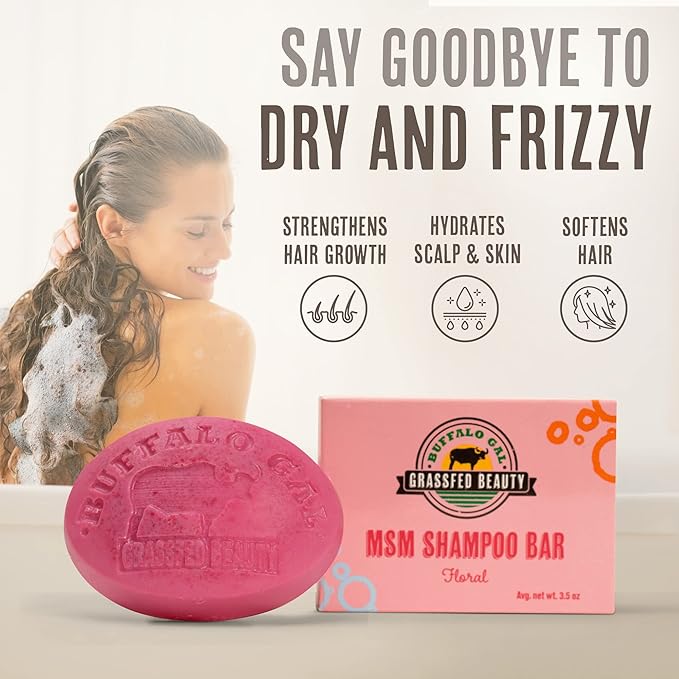 BUFFALO GAL MSM Shampoo Bar - Non-Soap, Natural, pH Balanced, Non-Stripping, Suitable for All Hair Types, Floral Scent, 4 oz