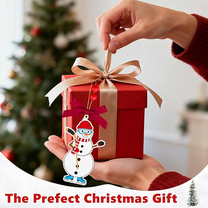 4.3 Inches Snowman Ice Hockey Christmas Ornament,Wooden Ice Hockey Snowman Tree Ornament Hanging Decoration for Rearview Mirror, Window, Eaves, Fireplace and Home Holiday Party Decor