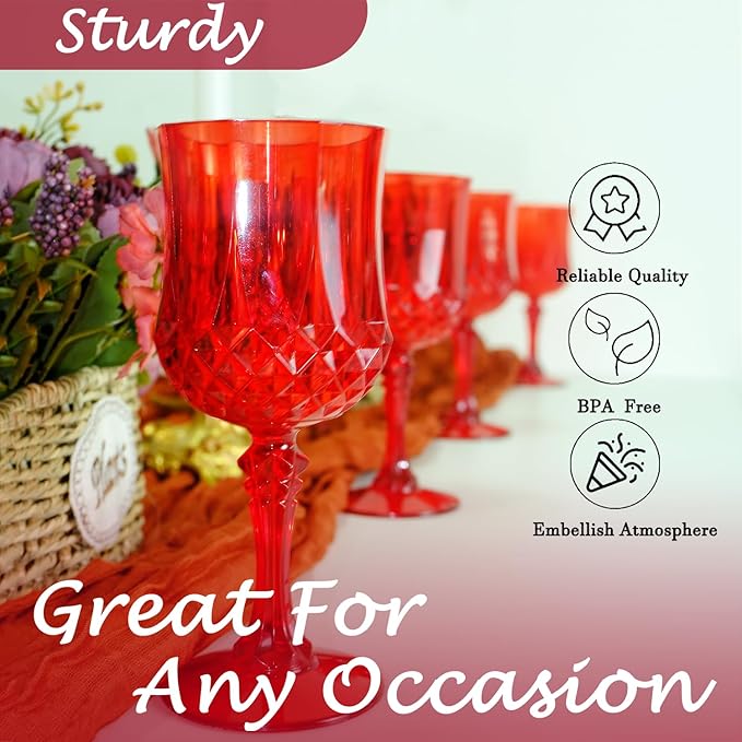 LEYIQU Plastic Wine Glasses, Plastic Goblets Vintage Style Cordial Drinking Glasses for Valentine’s Day, Wedding Reception, Grand Event Party Supplies (12, Red)