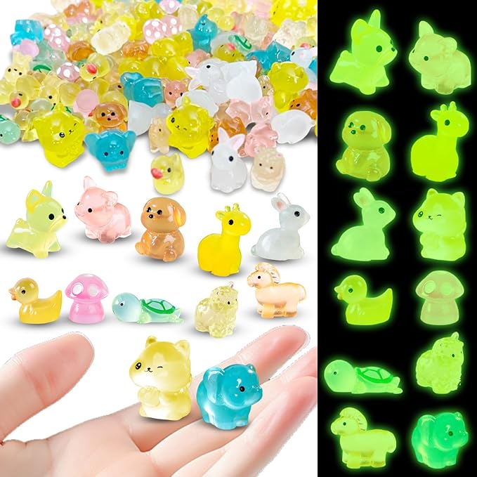 JIUDUOYUAN 160pcs Luminous Mini Resin Animals Figurines Mini Ducks Dogs Squirrels Giraffes Rabbits Tiny Elephants Miniature Figurines Glow in The Dark Garden Miniatures Fairy Garden Accessories