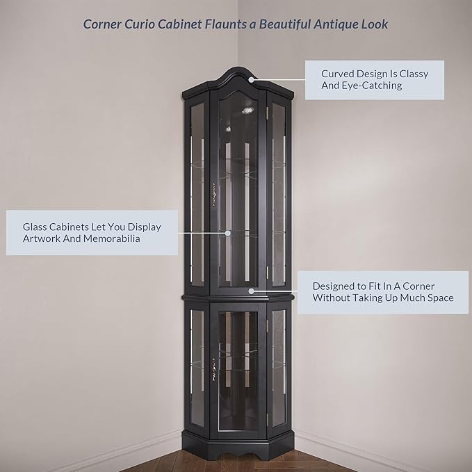 BELLEZE Lighted 3-Side Glass Display Curio Cabinet w/Tempered Glass Doors and Shelves, Curved Wood Corner Cabinet with Bulb, Corner Storage Rack for Living Room and Kitchen (Black)