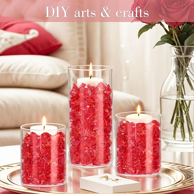 DomeStar Red Fake Ice Rocks, 150PCS Acrylic Gems Crystals Plastic Diamonds Centerpiece for Vase Fillers Wedding Party Table Scatter Decorations
