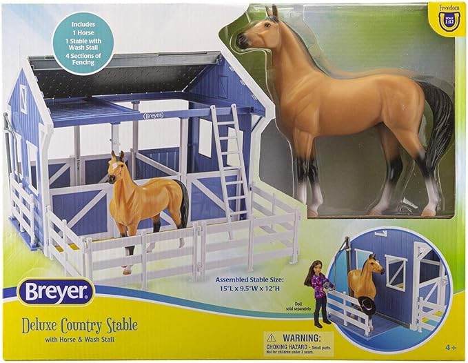 Breyer Horses Freedom Series Deluxe Country Stable & Wash Stall with Freedom Series Horse | 6 Piece Barn Playset Toy | 1:12 Scale Figurine | Model #61149 , Blue