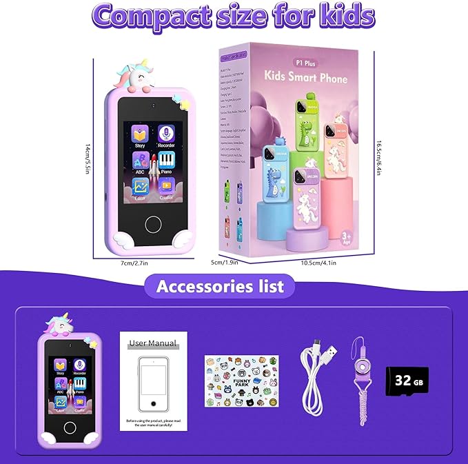 BEBESIRI Kids Camera Mini Smartphone Toy for Girls, 2.8" Touch Screen, 22 Learning Games, Dual Camera, Music Player, 32GB Card, Christmas Birthday Gift, (Purple Unicorn)