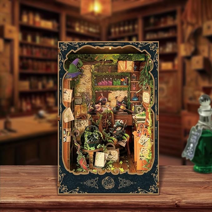DIY Book Nook Kit for Adults and Teens 3D Wooden Puzzle Miniature Tiny House Dollhouse Kit Bookshelf Booknook Bookcase Model Build Gift Kit Decor with LED Light-Alchemy Diary(SQ-43)