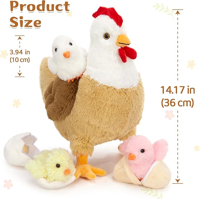 7Pcs Chicken Stuffed Animals, Stuffed Hen Plush with Baby Chicks & Eggs, Nest Hen Coop Plush Toy Set for Kids, Soft Stuffed Farm Animal Plushie for Birthday Christmas Easter Gift, 14"