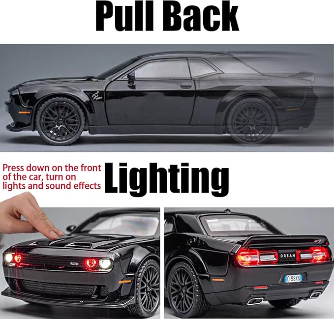 Toy Car Model 1/32 Challenger Hellcat Alloy Model Car with Light and Sound Collectible Model Cars Pull Back Toy Vehicles for Boys Children Age 3 + Year Old
