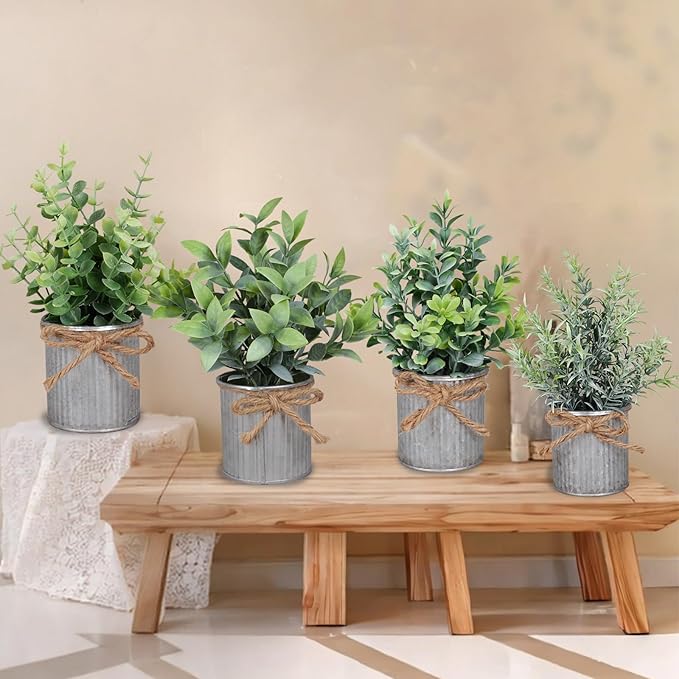 Yoratee Small Artificial Plants Set of 4 Fake Potted Plant with Iron Pot Mini Greenery Decor for Indoor Home Porch Garden Bathroom Décor