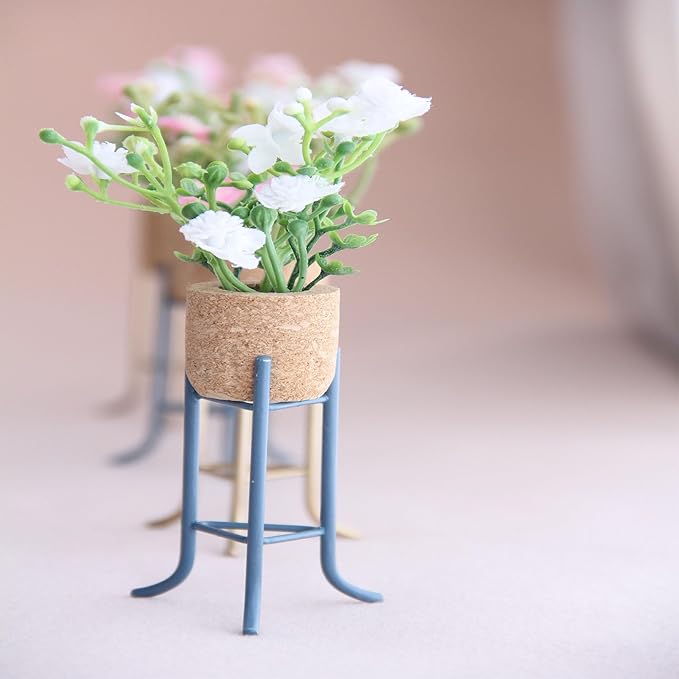 Funky Mini House 2-Pack Miniature Dollhouse Plant Stand & Artificial Flower Pot Sets - 1:12 Scale Mini Home Decor for Doll House, Ideal Gift for Miniature Lovers (Blue)