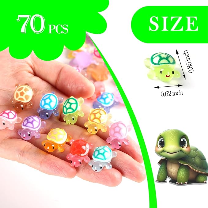 70PCS Luminous Mini Resin Turtles, Resin Animals, Mini Turtles, Marine Craft Decoration, Suitable for Decoration of Gardens, Parties, Miniature Landscapes (10 Colors)