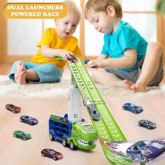 Dinosaur Truck Car Toys for 3, 4, 5, 6, 7, 8 Years Old Kids, Carrier Truck Race Track Toys, Foldable Transport Car Toy with Foldable Race Tracks, 6 Metal Cars, Birthday Gifts for Toddler Boys Girls