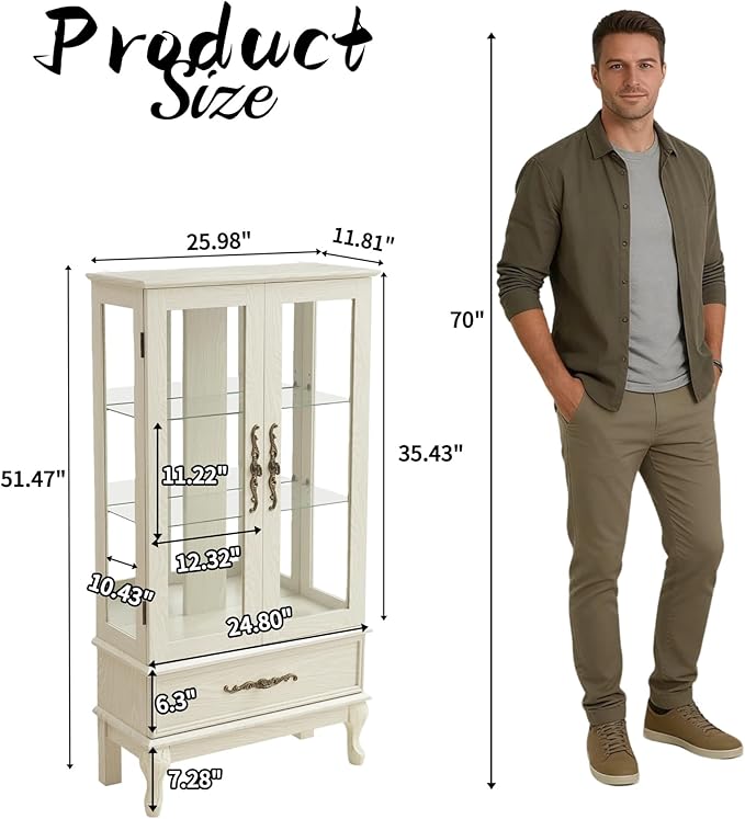 51"H Lighted Curio Display Cabinet with 2 Doors & 1 Drawer, Wooden Glass Curio Showcase w/ Adjustable Shelves & Mirrored Back Panel, Storage Cabinet Display Case for Living Room(Antique White)