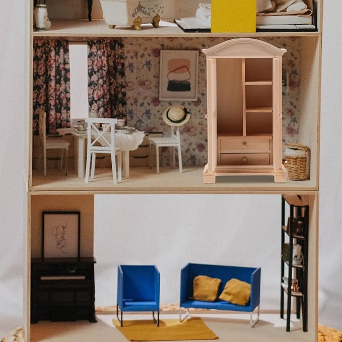 Abaodam Mini Wooden Wardrobe Model 1 12 Scale Doll House Furniture Double Door Closet Tiny Wardrobe for Dollhouse Decor and Accessories