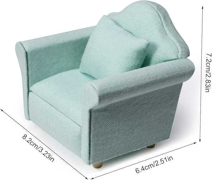 Dollhouse Couch with Pillow 1 12 Scale Miniature Sofa Arm Chair Living Room Furniture Wooden Fabric Frame Single Reading Chair Artificial House Room Scene Decoration (Green)