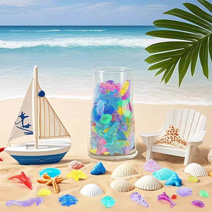 90 PCS to110 PCS Mini Seashells Figures Tiny Resin Marine Animals Mini Plastic Seashells Figures for Vase Filler Home DIY Crafts Party Gifts Decoration, 14.82 oz