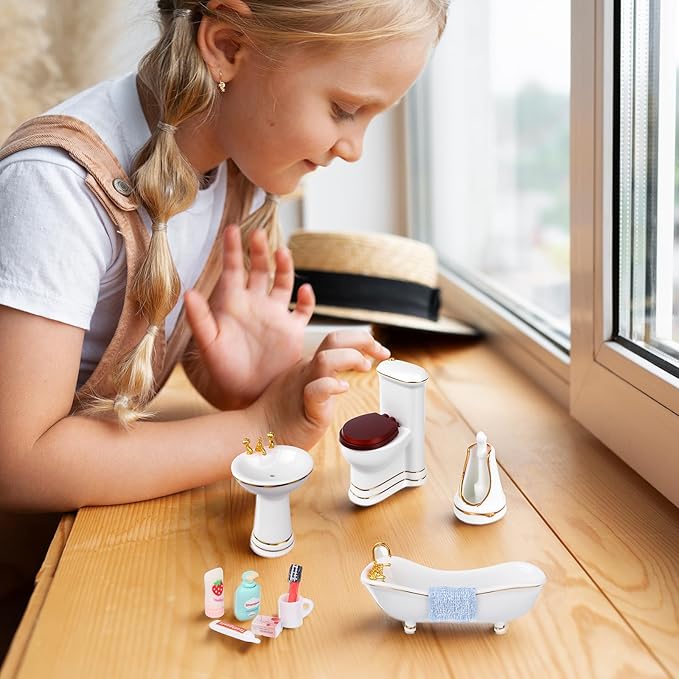 HCEWSBFD 1:12 Dollhouse Miniature Porcelain Bathroom Set 5Pcs White Ceramic Toilet Basin Bathtub Mirror Miniature Furniture with 15Pcs Doll Accessories Comb,Bathball,Water Cup,Toothbrush Toothpaste