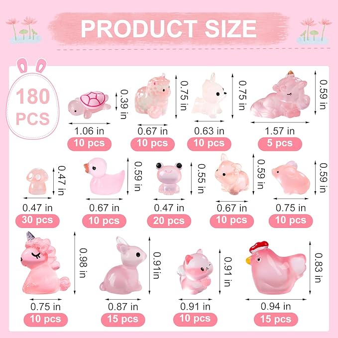 180pcs Pink Mini Ocean Resin Animals Luminous Tiny Animals Figurines Glow in The Dark for DIY Miniature Fairy Garden Accessories Micro Landscape Aquarium Dollhouse Decorations（Pink Style）