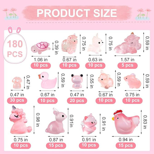 180pcs Pink Mini Ocean Resin Animals Luminous Tiny Animals Figurines Glow in The Dark for DIY Miniature Fairy Garden Accessories Micro Landscape Aquarium Dollhouse Decorations（Pink Style）