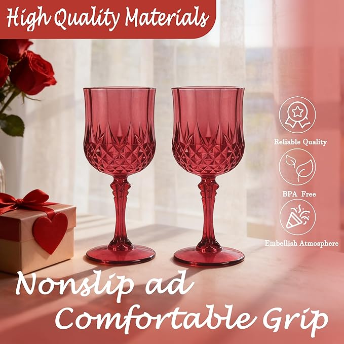 LEYIQU Plastic Wine Glasses, Plastic Goblets Vintage Style Cordial Drinking Glasses for Valentine’s Day, Wedding Reception, Grand Event Party Supplies (12, Scarlet Rose)