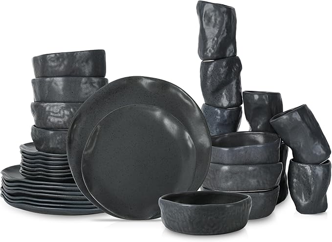 Stone by Mercer Project Atik Modern Stoneware 32-Piece Dinnerware Set, Plate and Bowl Set, Dish set for 8, Charcoal Black Speckled