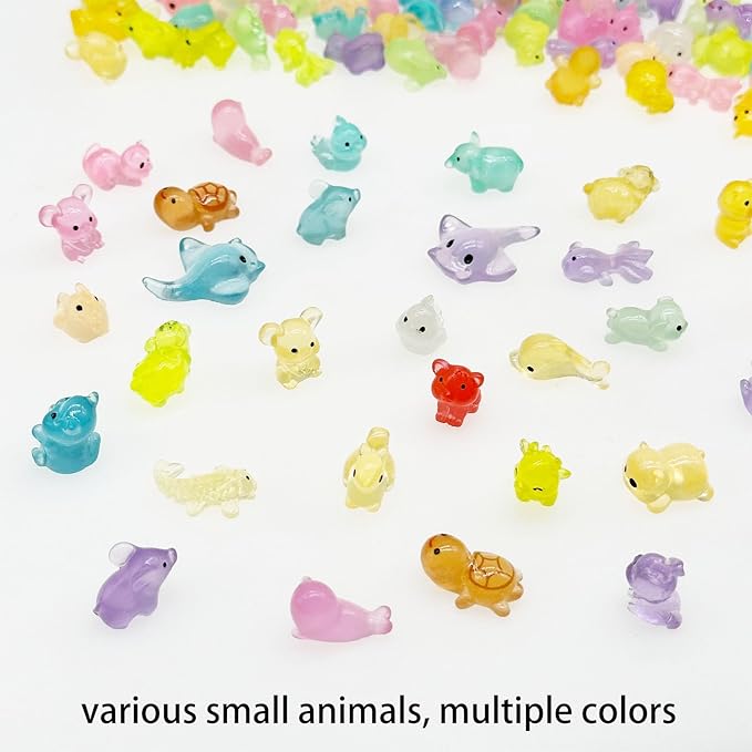 Cayway Mini Resin Animals 100 PCS Miniature Animals Glow in The Dark for Miniature Fairy Garden Decoration Accessories Micro Landscape