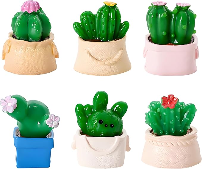 6 Pcs Mini Resin Cactus Figurines – Cute 3D Miniature Cacti in Personalized Flower Pots for Dollhouse, Fairy Garden, Bonsai Display, Car, Home, Office, Desktop Decoration, Collectible Ornaments