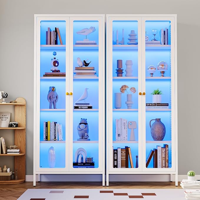 5-Tier Display Cabinet with 13-Color Light, 67" Tall Bookcase Bookshelf with Glass Doors & Adjustable Shelves, Metal Storage Cabinet Display Case for Collectibles Curios Trophies - White