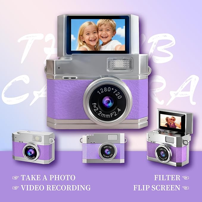 ‌Mini Keychain Digital Camera Purple - HD Mini Digital Camera with 0.96" Flip Screen & 32GB Card,Funny Gifts for Friends,Valentines Day Gifts