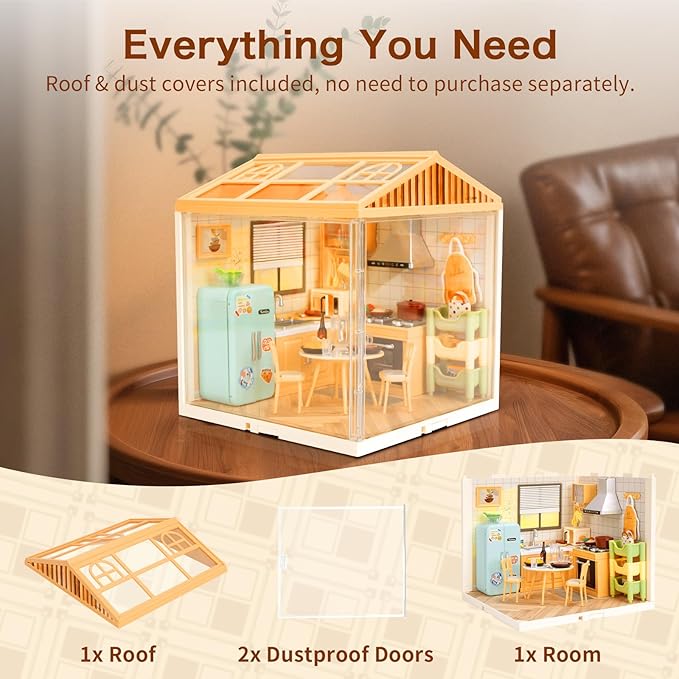 Hallisun LED Building Blocks for Adults, 1:24 DIY Miniature Dollhouse Kits with Roof & Dustproof Cover, Tiny House Toy Building Sets for Kids Ages 8-12-15, Birthday Hobbies Gift for Men Women Boy Girl
