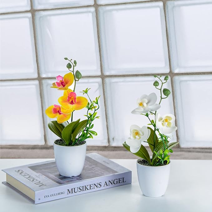XONOR 4Pcs Artificial Orchid Flowers Mini Potted Orchid Flowers Fake Orchids with Plastic Vase for Home Office Wedding Table Centerpiece Decoration(White,Yellow,Pink,Light Pink)
