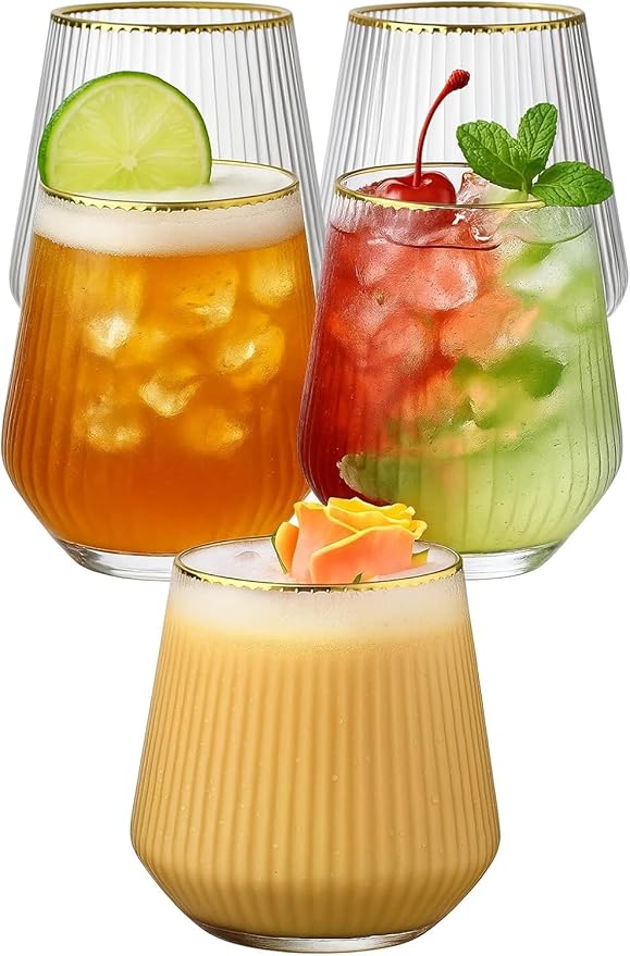 40 count 14 oz Origami ripple Unbreakable Stemless Plastic Wine Champagne Whiskey Glasses Elegant Durable Disposable Indoor Outdoor Ideal for Home Bars, Wedding, Ribbed 14 oz Cups (40, Gold Rim)