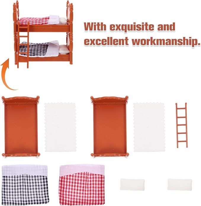 2Pcs Dollhouse Bunk Bed, 4in Mini Calico Bed Furniture, Dollhouse Beds with Ladder, PVC Miniature Doll House Decorative Accessories for Mini Landscape DIY Kit