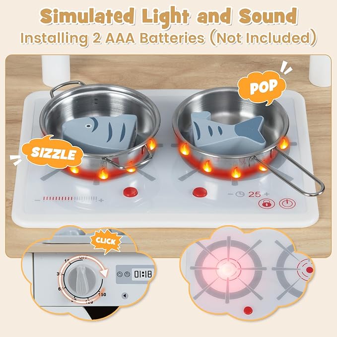 INFANS Kids Kitchen Playset, 2 in 1 Wooden Pretend Play Kitchen with Running Water Fridge Realistic Sounds Lights, Toddler Cooking Toys Gift for Boys Girls