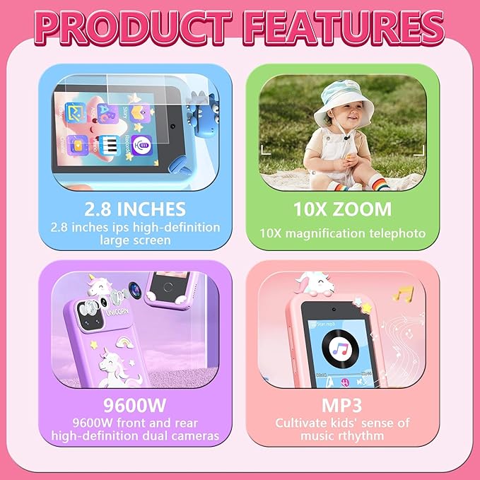 BEBESIRI Kids Camera Mini Smartphone Toy for Girls, 2.8" Touch Screen, 22 Learning Games, Dual Camera, Music Player, 32GB Card, Christmas Birthday Gift, (Pink Unicorn)