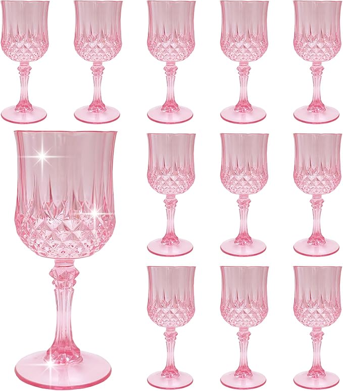 LEYIQU Plastic Wine Glasses, Plastic Goblets Vintage Style Cordial Drinking Glasses for Valentine’s Day, Wedding Reception, Grand Event Party Supplies (12, Pink)