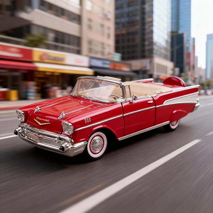 1957 Chevrolet Bel Air Alloy Collector Model Car - 1:18 Scale Classic Replica with Chrome Accents, Opening Doors & Display Base - Iconic American Golden Age Sedan Model (Red)