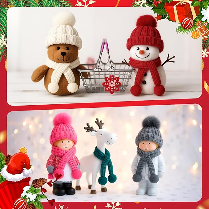 Geyoga 16 Pcs Mini Knit Doll Hat Valentines Day Small Santa Hat for Craft Winter Mini Snowman Hats and Scarf Tree Ornaments Snow Stripe Heart Wine Bottle DIY Decor Gifts