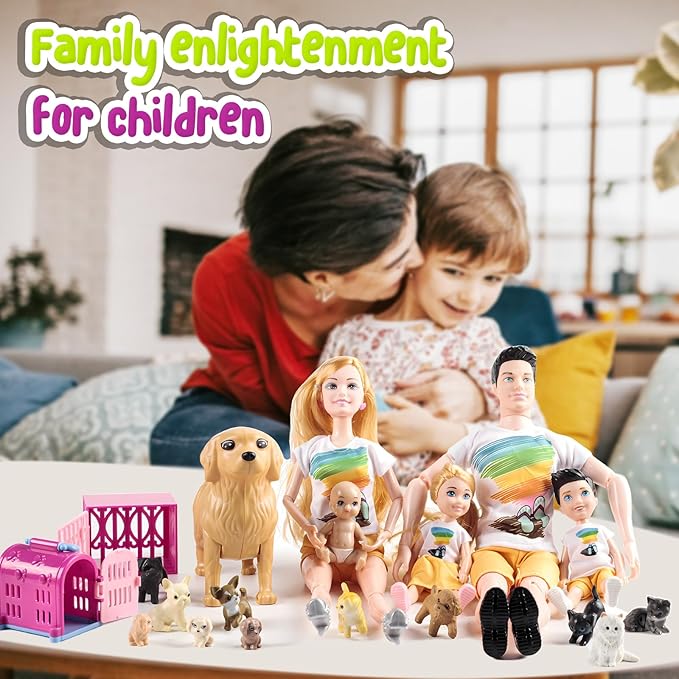 Dolls Set of 6 People with Dollhouse Pets Included Pregnant Mom Dad 3 Kids and Baby Boy in Mommy's Tummy, Doll Playsets and Accessories for 3-12 Years Old