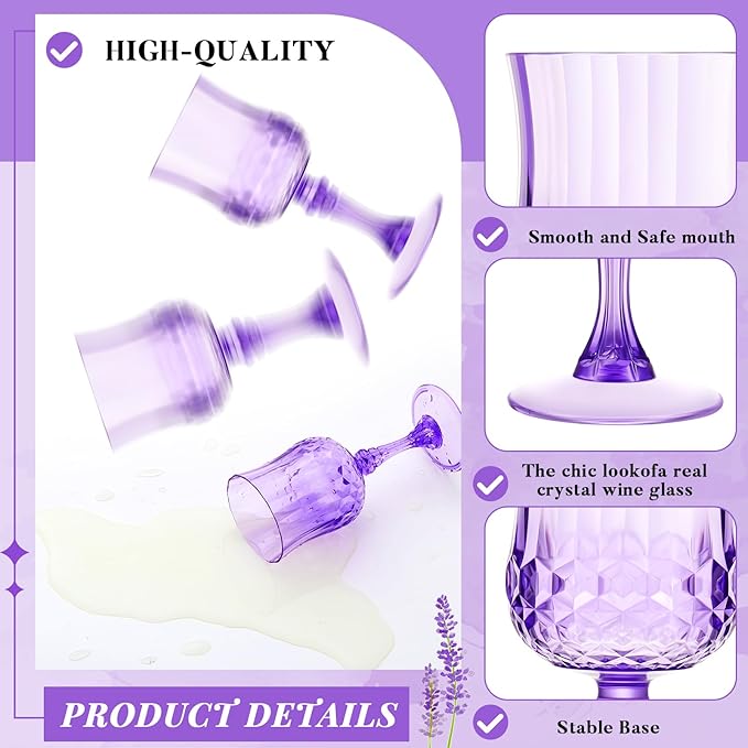 Pinkunn 12 Pcs 7 oz Plastic Vintage Wine Glasses Reusable Colored Goblets Patterned Drinking Water Glasses Cup Dishwasher Safe for Valentine's Day Wedding Reception Party Supplies (Purple)