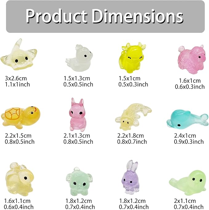 Cayway Mini Resin Animals 100 PCS Miniature Animals Glow in The Dark for Miniature Fairy Garden Decoration Accessories Micro Landscape