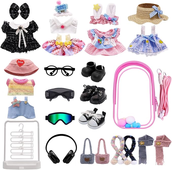 Clothes for Labubu, 24-piece Clothes and Accessories Set Designed for Labubu Doll Clothes, Includes Display Bag, Clothes Rack, Scarf, Knitted Bags, Headphones, Glasses, and Shoes Accessories - Style B