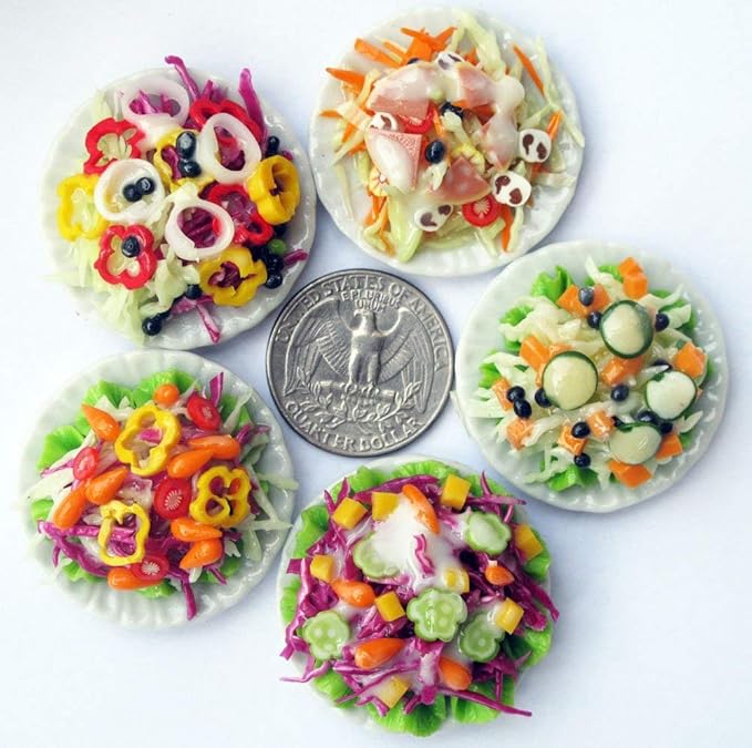 5 Assorted Salad with Plate for Dollhouse Miniature Food 1:6 Scale Realistic Clay Food for Dollhouses, Doll Accessories (A)