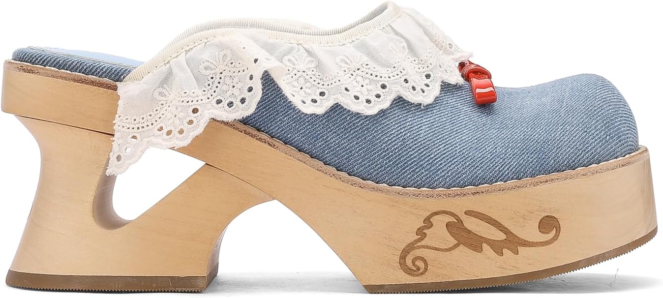 kuoco Handmade Swedish Wood Mules for Women Platform Low Heel Wooden Clogs Mules Open Back Faux Leather Clogs