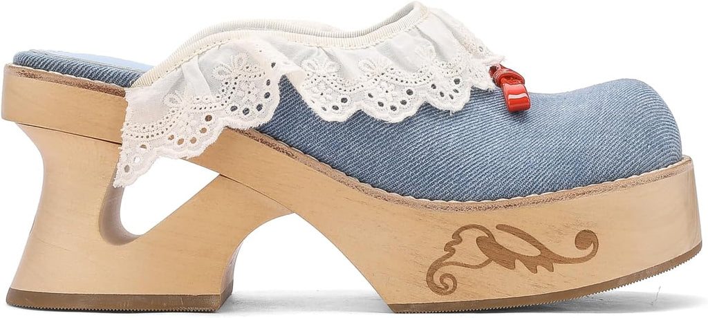 kuoco Handmade Swedish Wood Mules for Women Platform Low Heel Wooden Clogs Mules Open Back Faux Leather Clogs