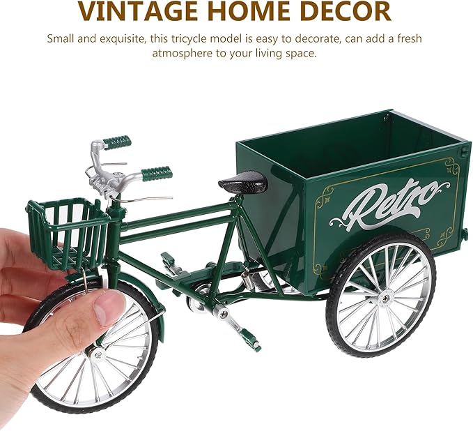 LOGOFUN Mini Tricycle Dollhouse 1:12 Miniature Vintage Vehicle Model Tiny Metal Tricycle Ornament for Micro Scene Outdoor Accessories - Green
