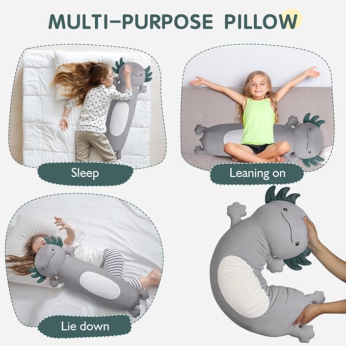 36 inch Cute Giant Grey Axolotl Plush Soft Long Body Pillow, Large Squishy Plushies Axolotl Stuffed Animals Toy, Gifts for Kids Boys Girls Birthday, Halloween, Christmas