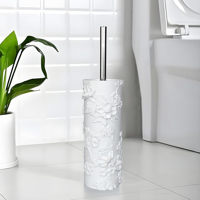 Indecor Home White Floral Branches Design Resin Toilet Bowl Brush and Holder Set, Elegant Bathroom Cleaning Tool with Durable Bristles, Compact and Functional